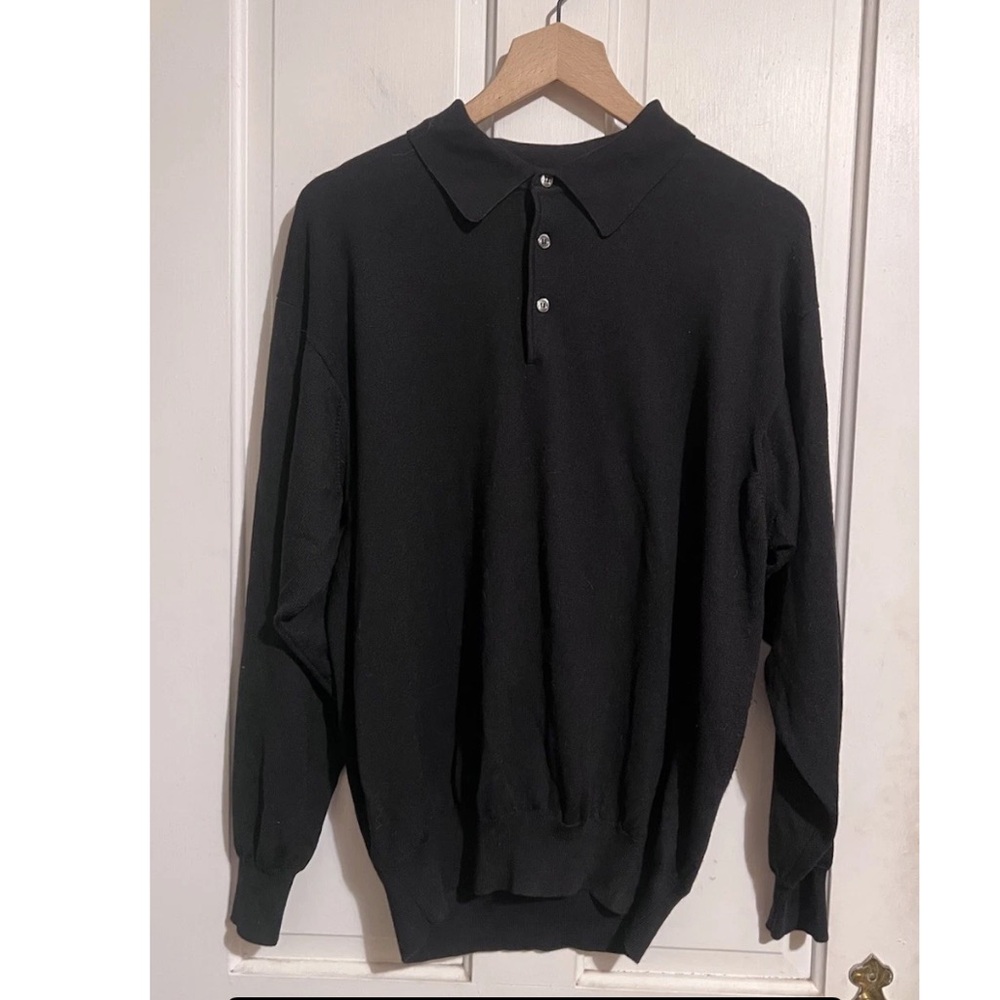 Gran Sasso Silk Cashmere Men’s Lana Polo Collar Knit Sweater 52 L Black Italy